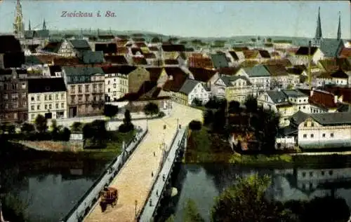 Ak Zwickau in Sachsen, Panorama, Brücke, Kirchtürme