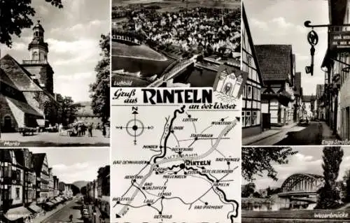 Ak Rinteln an der Weser, Weserbrücke, Enge Straße, Markt, Luftbild, Weserstraße, Landkarte