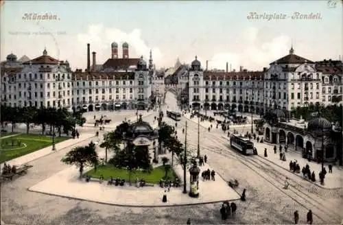 Ak München, Karlsplatzrondell, Straßenbahnen