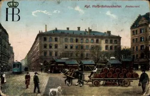 Ak München, Königlicher Hofbräuhauskeller, Restaurant, Bierkutscher, Straßenbahn