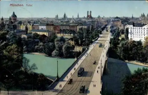 Ak München, Gesamtantsicht, Brücke, Straßenbahn