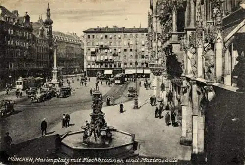 Ak München, Marienplatz mit Fischbrunnen und Mariensäule, Straßenbahnen