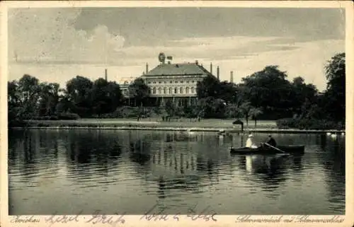 Ak Zwickau Sachsen, Schwanenteich mit Schwanenschloss, Baugewerbetag 1929