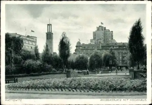 Ak Katowice Kattowitz Oberschlesien, Andreasplatz mit Hochhaus