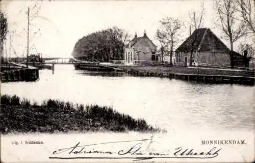 Ak Monnickendam Waterland Nordholland Niederlande, Fluss, Häuser, Brücke