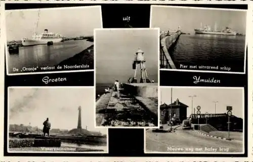 Ak IJmuiden Ymuiden Velsen Nordholland, Kap van de pier, Vissersmonument, Pier met uitvarend schip