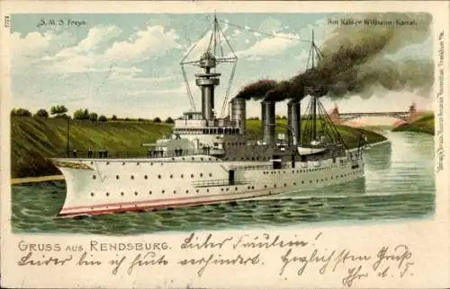 Litho Rendsburg, Deutsches Kriegsschiff, S.M.S. Freya, Kaiserliche Marine, Kaiser-Wilhelm-Kanal