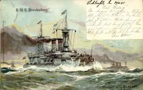 Präge Künstler Litho Stöwer, Willy, Deutsches Kriegsschiff, SMS Brandenburg