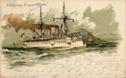 Künstler Litho Siehl, Deutsches Kriegsschiff, SMS Prinzess Wilhelm, Kreuzer