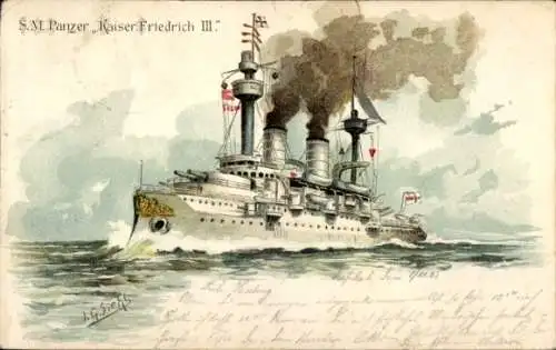 Künstler Litho Siehl, Deutsches Kriegsschiff, SMS Kaiser Friedrich III, Panzerschiff