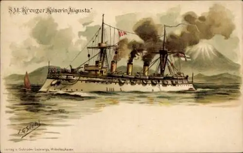 Künstler Litho Siehl, Deutsches Kriegsschiff, SMS Kaiserin Augusta, Kreuzer, in Ostasien