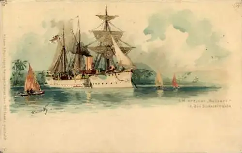 Künstler Litho Bohrdt, Hans, Deutsches Kriegsschiff, SMS Bussard, Kreuzer, Südseeinseln