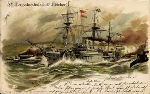 Präge Künstler Litho Deutsches Kriegsschiff, S.M. Torpedoschulschiff Blücher, Kaiserliche Marine