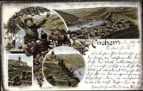 Vorläufer Litho Cochem an der Mosel, Panorama, Burg, Nordwestseite