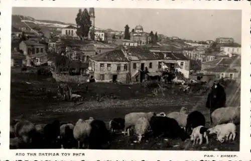 Foto Ak Griechenland, Dorfansicht, Schäfer mit Schafherde