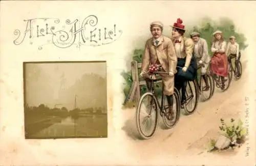 Litho All Heil, Gruppe von fünf Fahrradfahrern, Ausflug