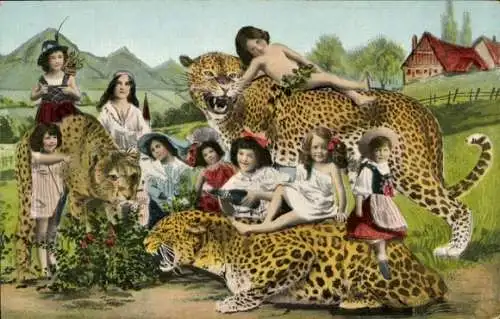 Ak Kinder mit Leoparden, Fotomontage