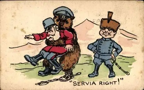 Künstler Ak Servia Right, britische Karikatur, russischer Bär, Kaiser Franz Joseph I.