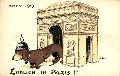 Ak Endlich in Paris, Anno 1919, Dackel mit Pickelhaube und eingezogenem Schwanz