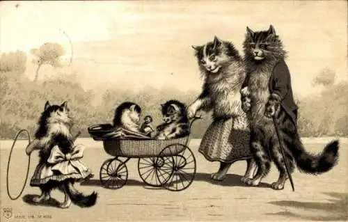 Präge Litho Vermenschlichte Katzen, Familie, Kinderwagen, Reifen