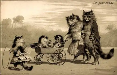 Präge Litho Vermenschlichte Katzen, Familie, Kinderwagen, Reifen