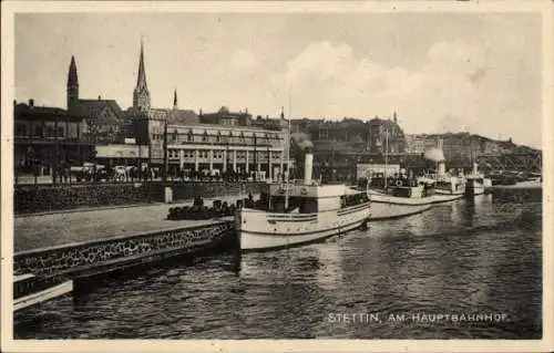 Ak Szczecin Stettin Pommern, Hauptbahnhof, Dampfer auf der Oder