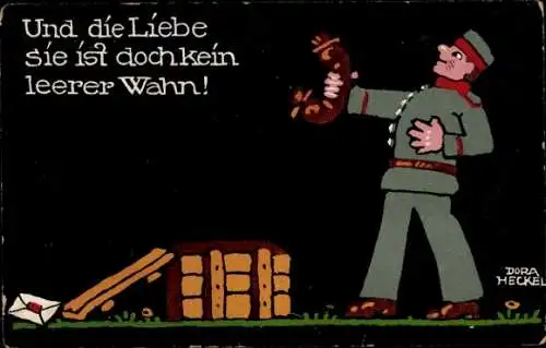 Künstler Ak Heckel, Dora, Und die Liebe sie ist dich kein leerer Wahn, Soldat mit Wurst