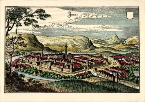 Künstler Ak Merian, Jena, Gesamtansicht mit Stadtmauern und Graben, 1650