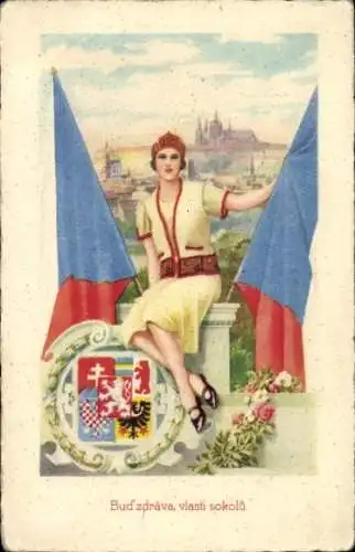 Wappen Ak Körber,, Ad., Praha Prag, Stadtbild, Frau mit tschechischer Flagge, Portrait