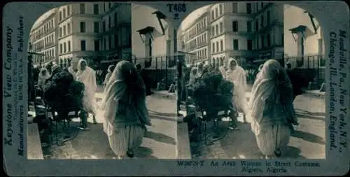 Stereo Foto Algier Alger Algerien, verschleierte arabische Frau, Straßenszene