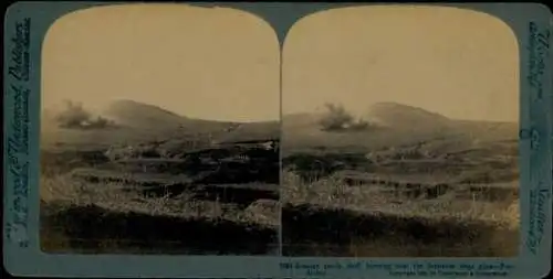 Stereo Foto Port Arthur, Russisch-Japanischer Krieg, russ. Geschoss, japanische Belagerungsgeschütze