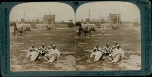 Stereo Foto Delhi Indien, Mohammedanische Moschee, Kamelwagen