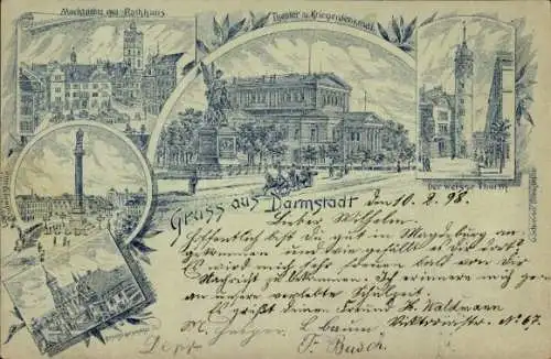 Litho Darmstadt in Hessen, Marktplatz mit Rathaus, Theater, Kriegerdenkmal, Der weiße Turm