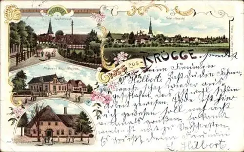 Litho Brügge in Holstein, Hauptstraße, Gesamtansicht, Geschäftshaus Marxen, Gasthof zur Doppeleiche