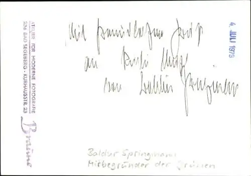 Foto Baldur Springmann, Mitbegründer der Grünen, Portrait, Autogramm, 1979