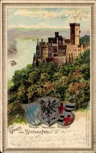 Präge Wappen Litho Stolzenfels Koblenz am Rhein, Gesamtansicht, Burg, Preußen