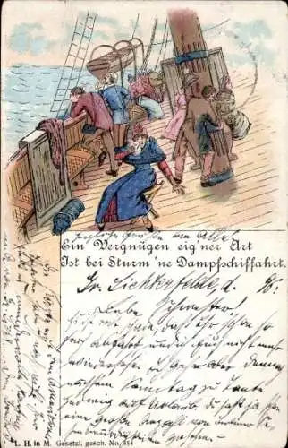 Litho Seekranke Menschen, Sturm, Dampfschifffahrt