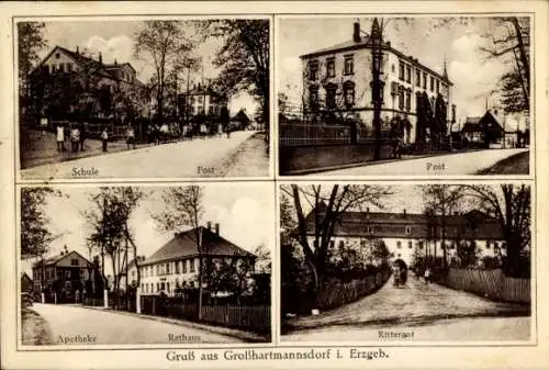 Ak Großhartmannsdorf im Erzgebirge, Rathaus, Schule, Post, Apotheke, Rittergut