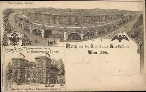 Litho Wien, Jubiläums-Ausstellung 1898, Pavillon, Hof-Brückenwagen-Fabrik C. Schember & Söhne