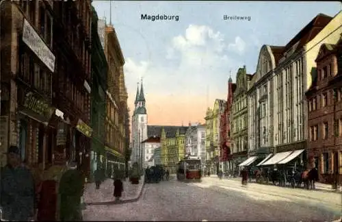 Ak Magdeburg, Blick in den Breiteweg, Straßenbahn