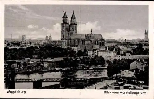 Ak Magdeburg an der Elbe, Blick vom Ausstellungsturm, Brücke, Panorama