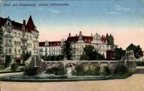 Ak Magdeburg in Sachsen Anhalt, Kaiser Wilhelm Platz, Brunnen