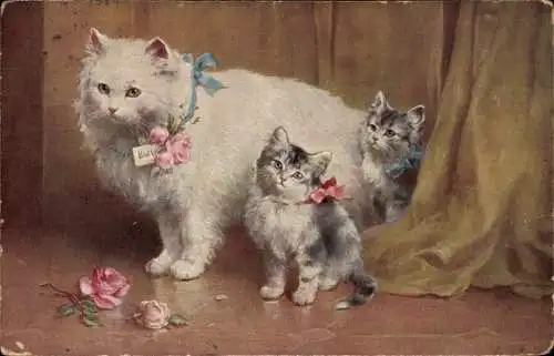 Künstler Ak Katzenmutter mit zwei Kitten, Rosen, Stroefer 1698