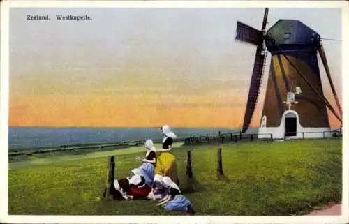 Ak Westkapelle Zeeland, Windmühle, Kinder in Tracht