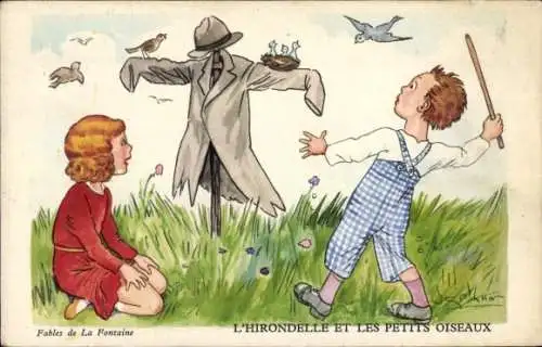 Künstler Ak Spahn, V., L'Hirondelle et les Petits Oiseaux, Fables de La Fontaine