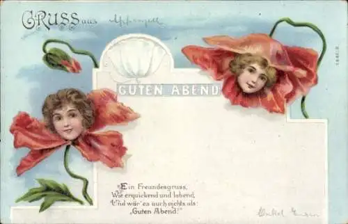 Litho Guten Abend, Allegorie, vermenschlichte Mohnblüten, Frankfurter Privatpost