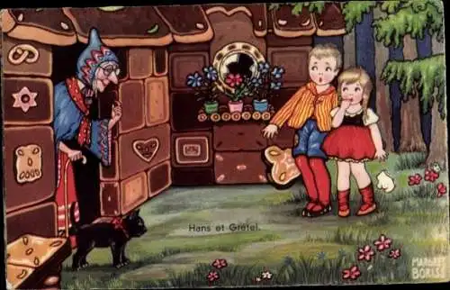 Künstler Ak Boriss, M., Hänsel und Gretel, Hexe, Schwarze Katze, Lebkuchen