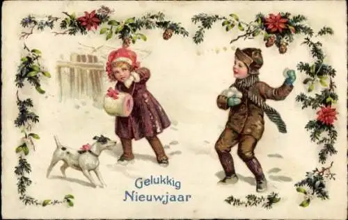 Ak Glückwunsch Neujahr, Junge, Mädchen, Muff, Schneebälle, Hund, Amag 1631