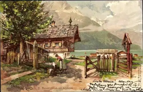 Künstler Litho Schmohl, P., Jenbach in Tirol, Partie am Bauernhaus am Achensee