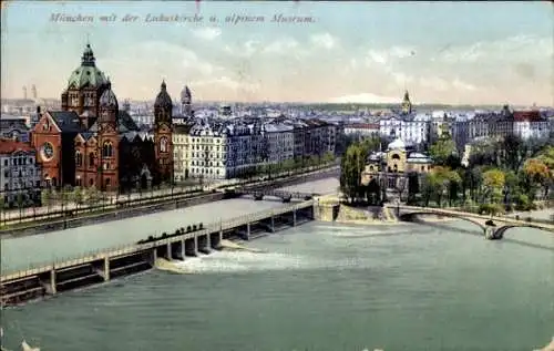 Ak München, Isar mit Lukaskirche und alpinem Museum, Purger 12334